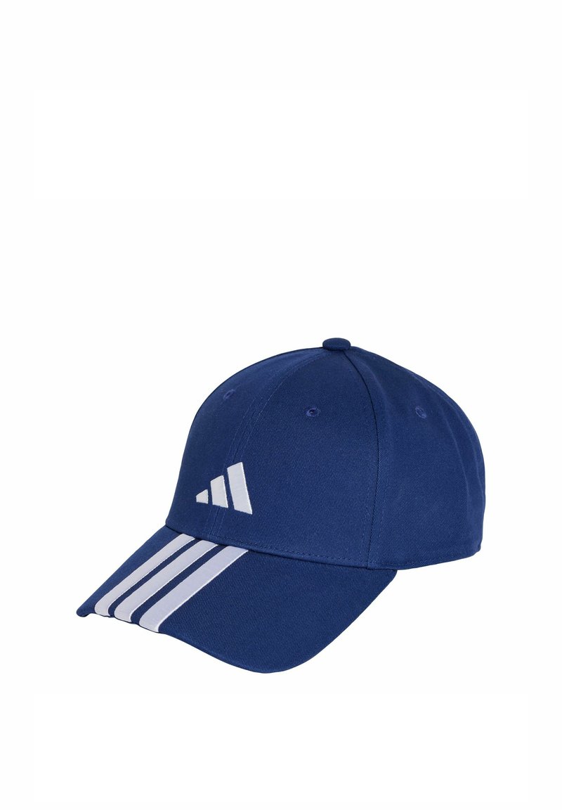 Navy blue baseball cap with white stripes and logo. Features a curved brim, adjustable back, and smooth fabric texture.
