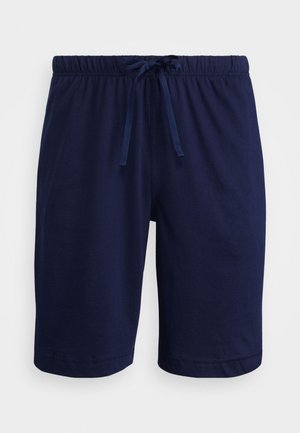Navy blue athletic shorts made of soft cotton, featuring an elastic waistband with drawstrings, and a relaxed fit with rolled cuffs.