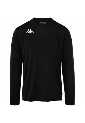 Chemise noire à manches longues en tissu lisse avec un col rond. Présente un logo blanc sur la poitrine, avec des détails de couture subtils.