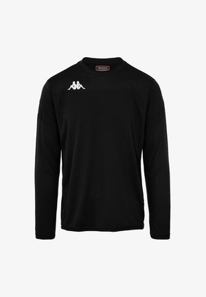 Chemise noire à manches longues en tissu lisse avec un col rond. Présente un logo blanc sur la poitrine, avec des détails de couture subtils.