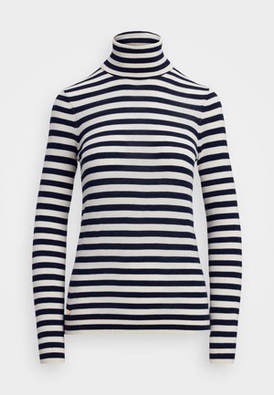 Navy and cream striped turtleneck sweater in a soft knit fabric, featuring long sleeves and a fitted design. A small logo accent on the hem.