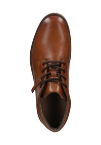 Scarpa in pelle marrone con punta rotonda, dettagli cuciti e lacci marroni. L'interno presenta una fodera testurizzata in contrasto.