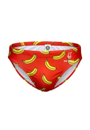 Rote Badehose mit wiederholtem gelbem Bananenmuster und einem weißen Mr Ukko-Logo auf der rechten Vorderseite.