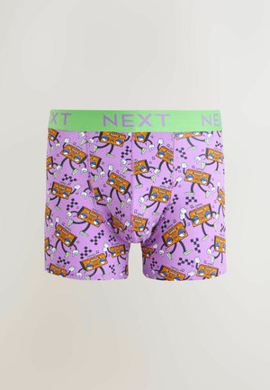 Fioletowe bokserki z kolorowym wzorem boomboxa i nut muzycznych. Posiadają zieloną gumę w pasie z napisem „NEXT”. Wykonane z elastycznego materiału.