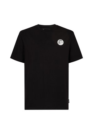 Zwarte katoenen T-shirt met korte mouwen, ronde hals en een gedrukt circulair logo op de linkerkant van de borst. Heeft een rechte snit en een zachte textuur.