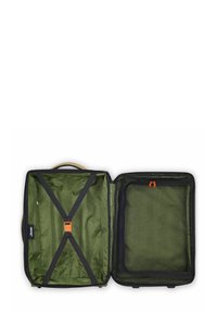 Maleta negra con un interior espacioso de color verde, con un forro estampado, correas cruzadas para asegurar los objetos y un bolsillo con cremallera naranja.