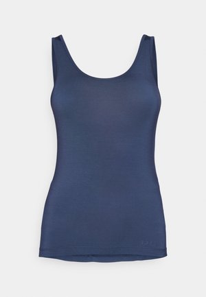 Navyblaues Tanktop aus glattem, elastischem Stoff, mit runder Ausschnittform und schmaler Passform. Dezentes Logo nahe dem Saum.