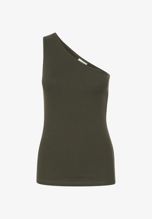 Asimetrično svetlozeleno rebrasto top z enim ramenom, ki ima prilegajočo se obliko in gladko teksturo.