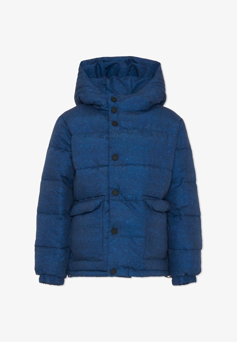 Giacca puffer blu navy con cappuccio, realizzata in un tessuto testurizzato, con bottoni a pressione neri e due tasche frontali a toppa.