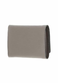 Gray textured wallet with a rectangular shape, featuring stitched edges and a smooth interior. Opens to reveal card slots and compartments.
