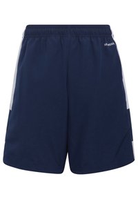 Dunkelblaue Sportshorts mit elastischem Bund und weißen Seitestreifen, aus leichtem Stoff für Sport- oder Freizeitbekleidung.