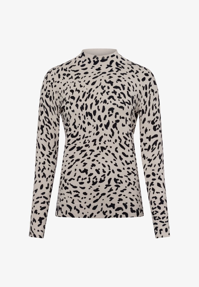 Strickpullover mit langen Ärmeln in Beige mit einem schwarzen Leopardenmuster. Mit Rundhalsausschnitt und gerippter Textur.