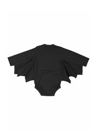 Svart bodysuit med fladdermusformade vingar som sträcker sig ut från sidorna, tillverkad av mjukt tyg, med långärmade ärmar och rund halsringning.