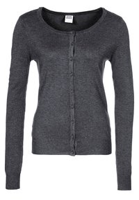 Mörkgrå, långärmad, knapp-up cardigan med rund halsringning och ribbade ärmslut, tillverkad av mjukt stickat tyg.