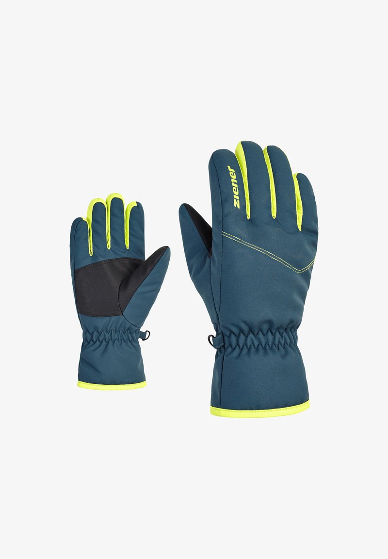 Handschuhe aus türkisfarbenem Stoff mit leuchtend gelben Akzenten und schwarzer Polsterung. Verfügen über elastische Bündchen und ein straffes Design.