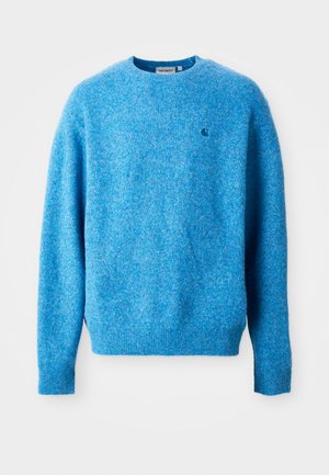 Blå sweater lavet af blødt strikket materiale, med rund halsudskæring og ribbede manchetter og kant. Lille logo detalje på brystet.