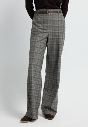 Gray plaid trousers with a straight-leg fit, featuring a brown belt with a square buckle and subtle texture in the fabric.