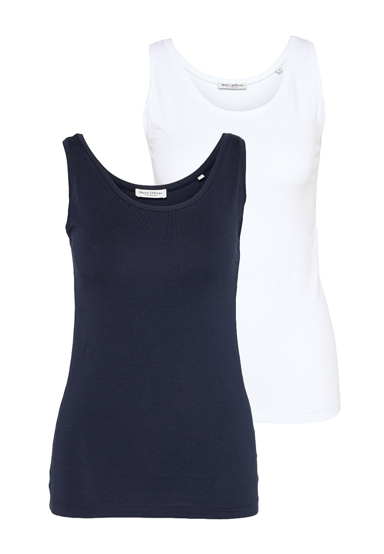 Zwei ärmellose Tanktops in Marineblau und Weiß. Beide verfügen über einen runden Halsausschnitt und sind aus glattem, elastischem Stoff gefertigt.