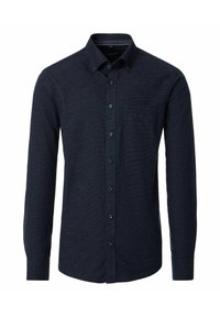 Granatowa koszula z długim rękawem na guziki, teksturowany materiał, ostro zakończony kołnierzyk, pojedyncza kieszeń na piersi, osiem guzików z przodu, mankiety na rękawach.