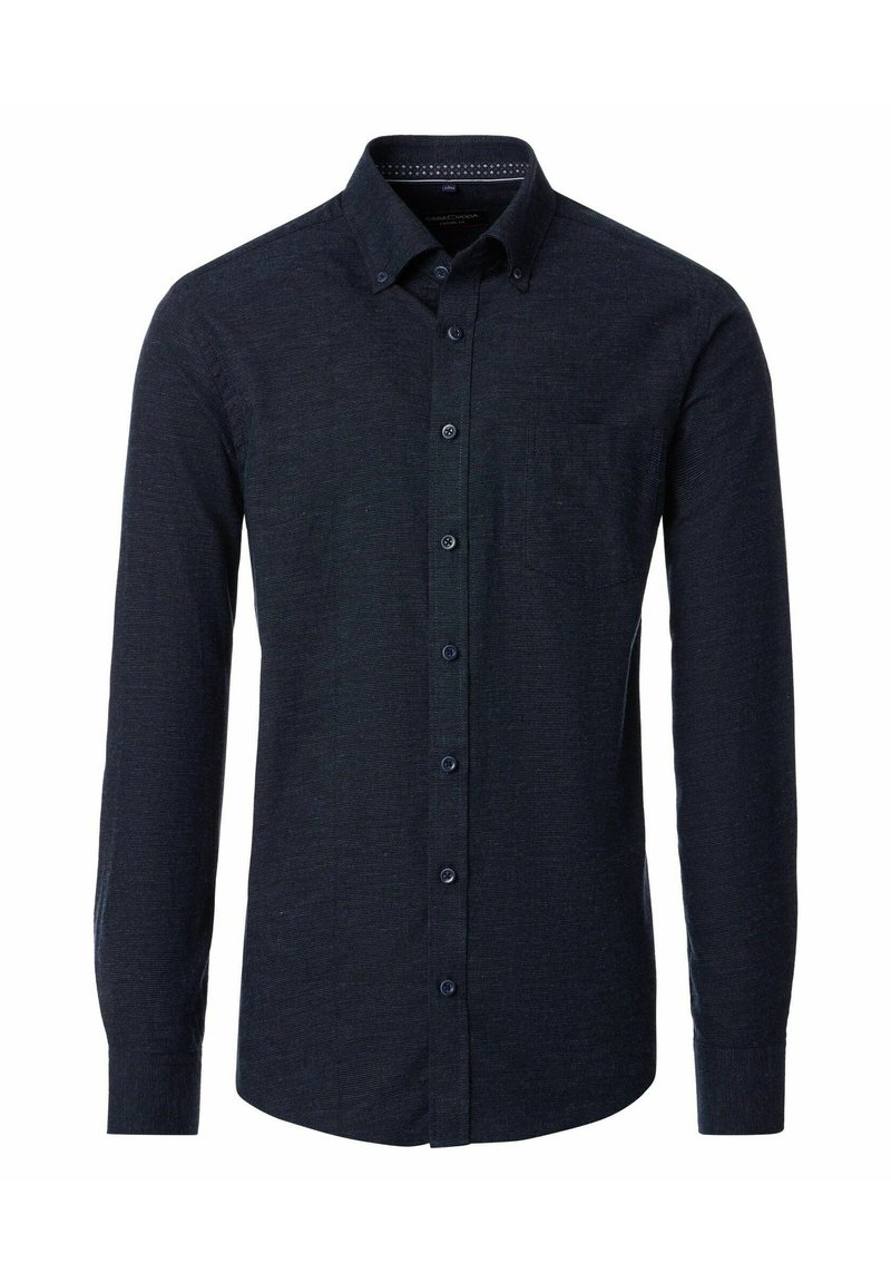 Granatowa koszula z długim rękawem na guziki, teksturowany materiał, ostro zakończony kołnierzyk, pojedyncza kieszeń na piersi, osiem guzików z przodu, mankiety na rękawach.