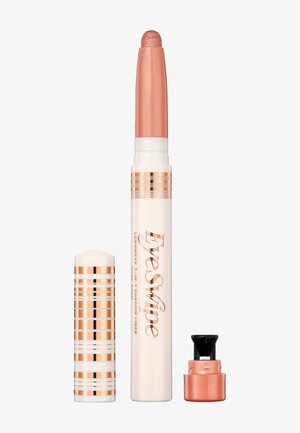 Langzeit-Eyeliner-Stift in zartem Rosa mit abgerundetem Ende. Verfügt über eine Drehmechanik und einen weiß- und goldgestreiften Deckel mit schwarzem Boden.