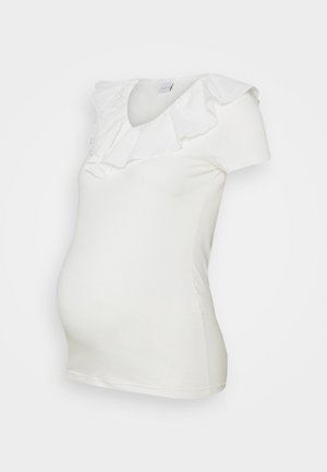 Biały krótki rękaw top ciążowy z marszczonym dekoltem w kształcie litery V i dopasowanym krojem na jednolitym jasnym tle.