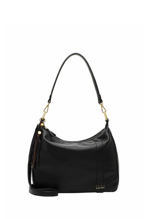 Bolso de hombro de cuero negro con cierres dorados, cuentas decorativas y pequeña etiqueta "SURIFREY" en la esquina inferior delantera.