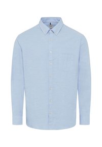 Helles blaues Hemd mit langen Ärmeln, Kragen und Brusttasche. Hergestellt aus strukturiertem Stoff mit sichtbaren Nähten und Knopfdetails.