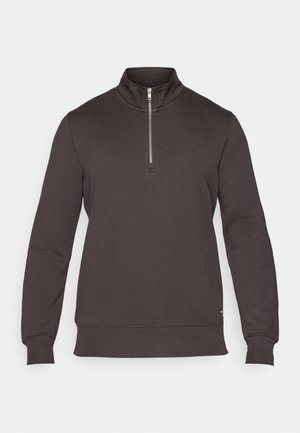 Ciemnoszary długi sweter z długim rękawem i wysokim kołnierzem, z przodu zapinany na pół zamek, z prążkowymi mankietami i teksturowanym materiałem.