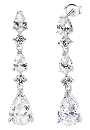 Silberne Tropfenohrringe mit abwechselnden Birnen- und runden klaren Edelsteinen in einem vertikalen, absteigenden Design.