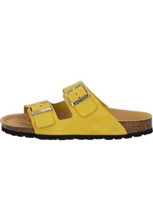 Yellow suede sandals with two adjustable buckles, cork midsole, and a black rubber outsole. Open design for breathability and comfort.