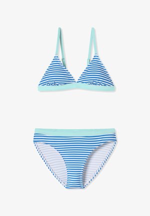 Ensemble de bikini deux pièces rayé avec un design bleu et blanc. Le haut possède des bonnets triangulaires et des bretelles réglables, avec un bas à taille élastique.
