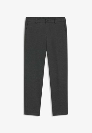 Pantaloni grigio scuro a gamba dritta realizzati in un tessuto strutturato, con tasche frontali e vita con bottoni. Design su misura con linee pulite.