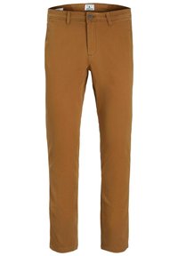 Brown cotton chinos with a straight-leg design, featuring a button fly and belt loops. Smooth texture with a clean finish.