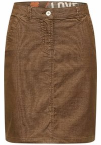 Jupe en velours côtelé marron, longueur genou, avec une fermeture à boutons à l'avant et des poches. Présente de subtiles rayures verticales et une ceinture avec logo.