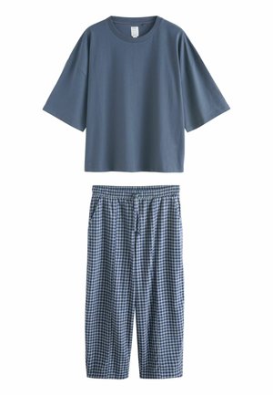 Blue cotton T-shirt with short sleeves paired with blue and white gingham patterned pants. Pants feature an elastic waistband and side pockets.
