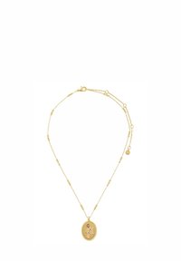 Gold necklace featuring a delicate chain with spherical accents and an oval pendant, intricately designed with floral patterns and detail.