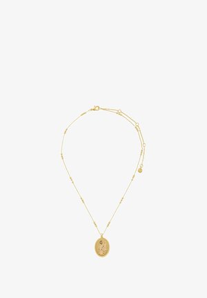 Goldkette mit einer zarten Kette, die sphärische Akzente und einen ovalen Anhänger aufweist, der aufwendig mit floralem Muster und Details gestaltet ist.