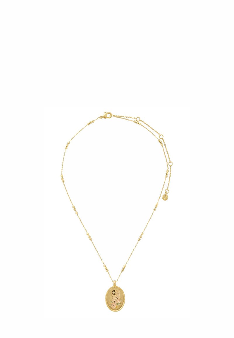 Gold necklace featuring a delicate chain with spherical accents and an oval pendant, intricately designed with floral patterns and detail.