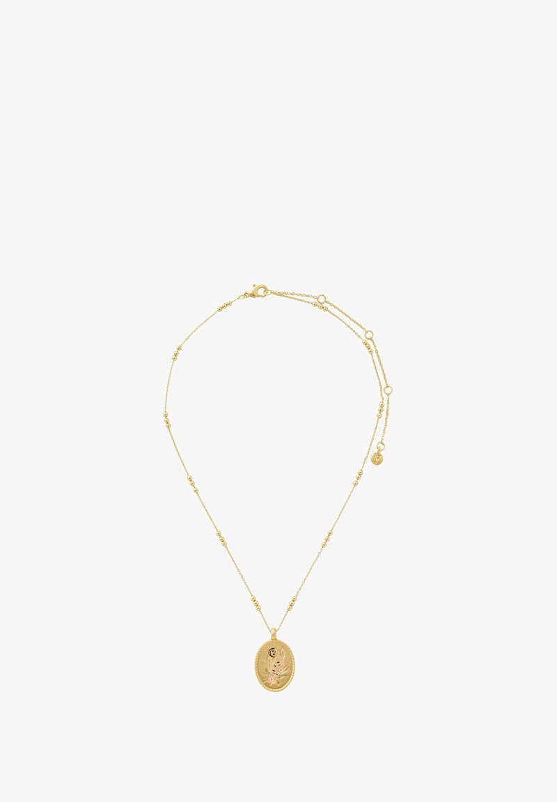 Collier en or avec une chaîne délicate ornée d'accents sphériques et d'un pendentif ovale, conçu de manière complexe avec des motifs floraux et des détails.