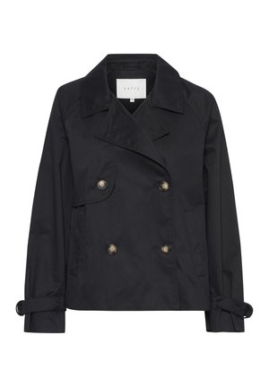 Sort dobbeltbrystet jakke lavet af glat stof, med slagkrave, to forlommer og knap-lukning ved ærmerne.