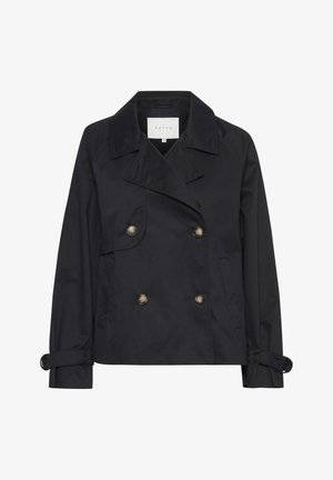 Czarna dwurzędowa marynarka z gładkiego materiału, z wyłogowym kołnierzem, dwiema przednimi kieszeniami i mankietami zapinanymi na guziki.