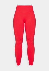 Røde høyt liv leggings laget av elastisk stoff, med en glatt tekstur og en tettsittende design som smalner inn ved anklene.
