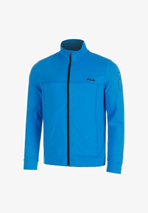 Giacca sportiva blu con zip, realizzata in tessuto morbido. Presenta un colletto alto, maniche lunghe e una cerniera nera con dettagli del logo sulla manica.