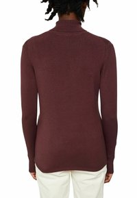 Maglione bordeaux a collo alto con maniche lunghe, dal taglio aderente, collo a costine e orlo dritto. Il tessuto sembra liscio ed elasticizzato.