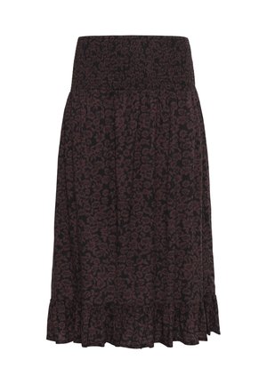 Jupe noire avec un motif floral bordeaux, taille élastique, plis froncés et un ourlet volé en bas. Tissu léger.