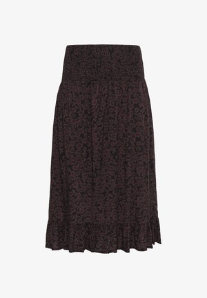 Czarna spódnica z bordowym wzorem kwiatowym, elastycznym paskiem w talii, marszczonymi plisami oraz falbaną u dołu. Lekki materiał.