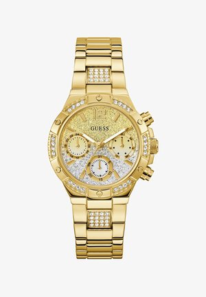Gold-tone chronograph watch with a textured glittery dial, three sub-dials, and crystal accents on bezel and bracelet links.