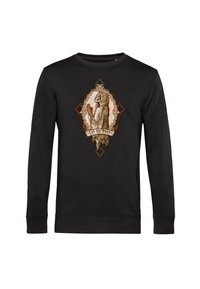 Felpa nera a maniche lunghe con una grafica di una figura scheletrica in un'abito con cappuccio, con il testo "LET US PREY" sotto.