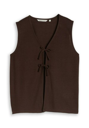 Veste sans manches en maille marron foncé avec tissu texturé et deux liens à l'avant pour la fermeture, taille petite.